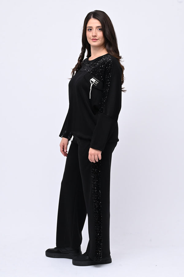 Tuta paillettes girocollo - Nero