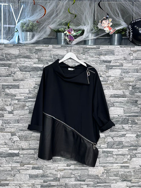 Blusa collo zip - Nero