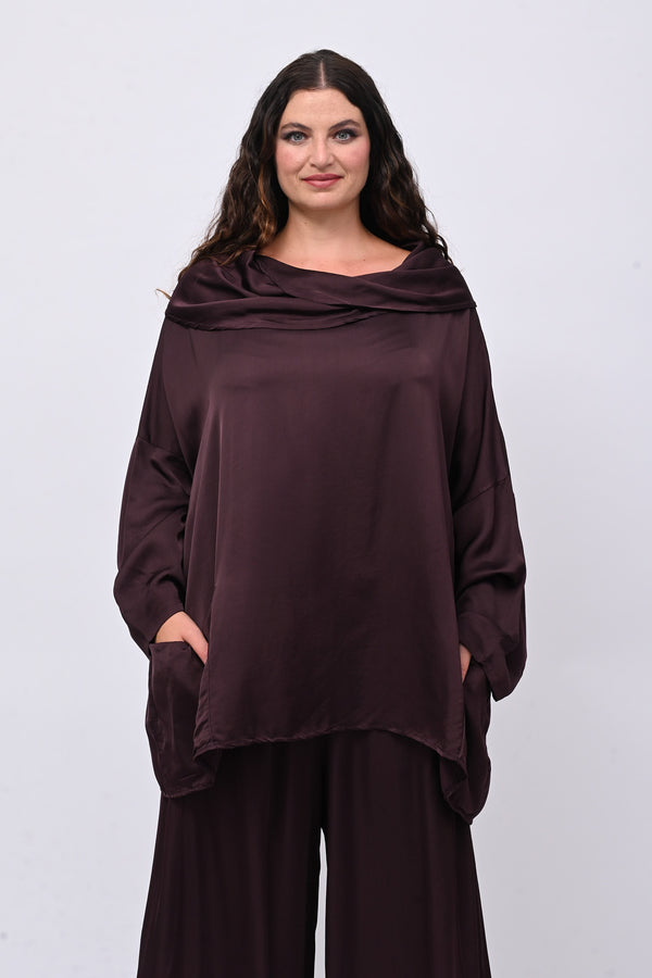 Blusa raso collo intreccio - Melanzana