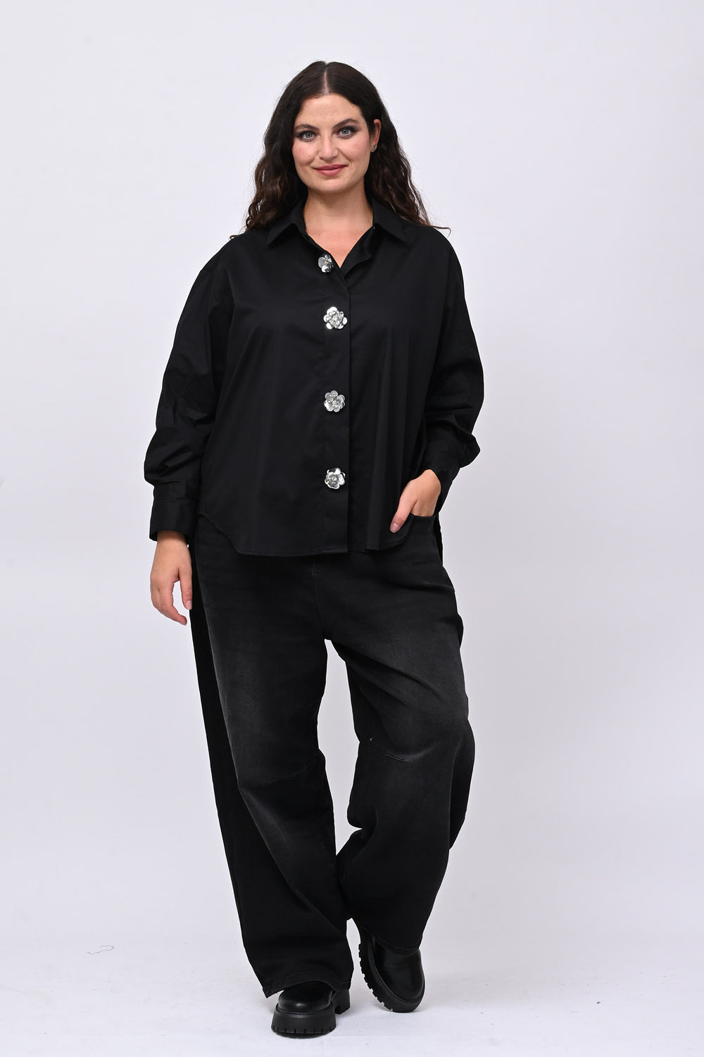 Camicia fiori maxi paillettes - Nero