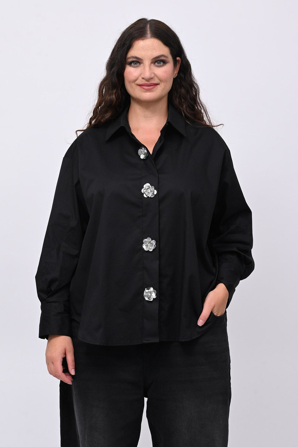 Camicia fiori maxi paillettes - Nero