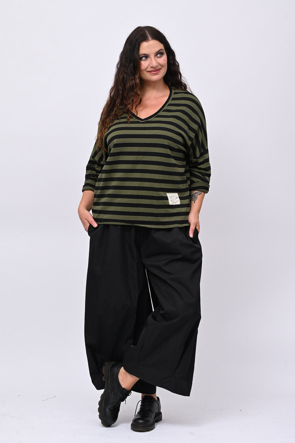 Felpa garzata righe - Verde militare