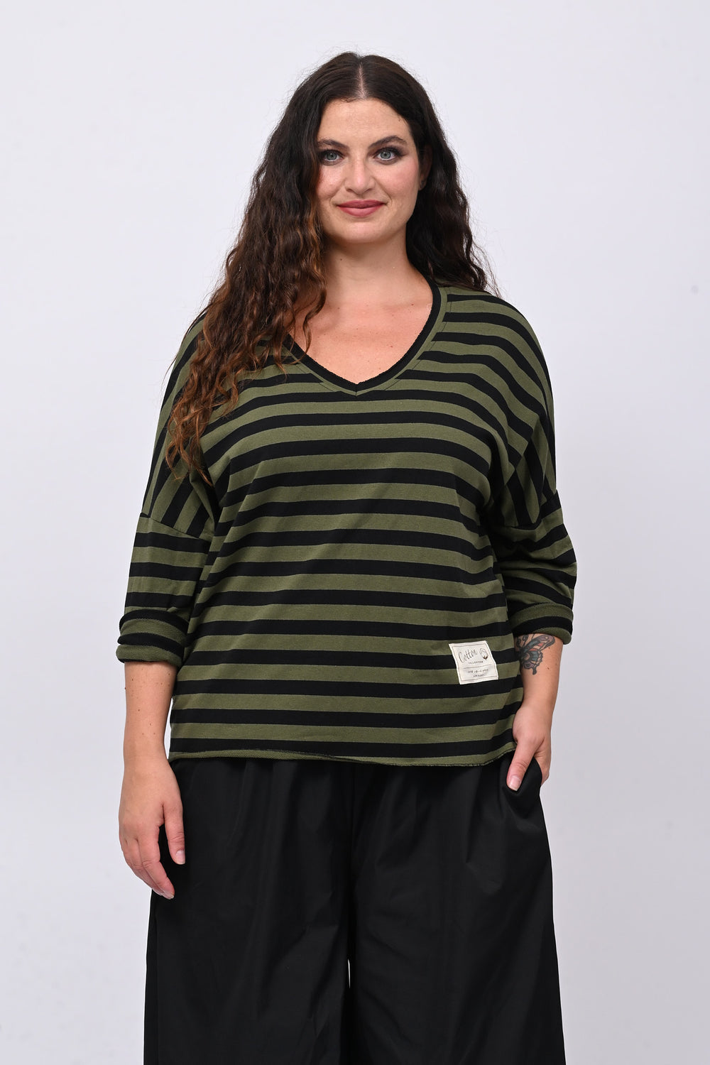 Felpa garzata righe - Verde militare