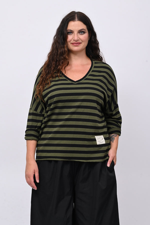 Felpa garzata righe - Verde militare