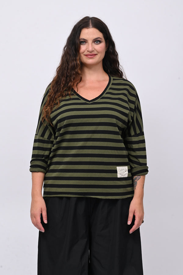 Felpa garzata righe - Verde militare