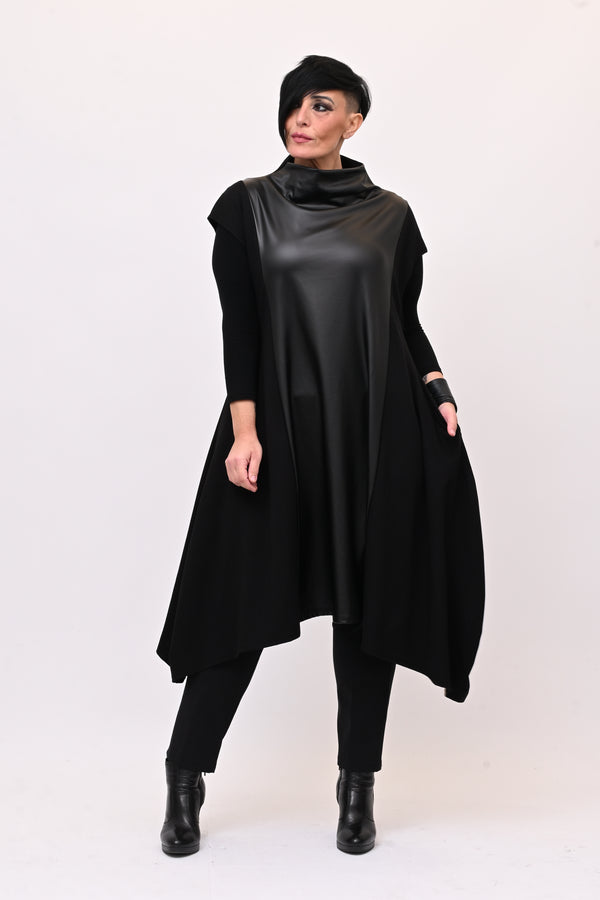 Abito svasato inserti pelle - Nero