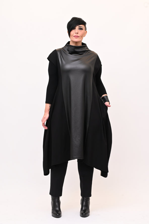Abito svasato inserti pelle - Nero