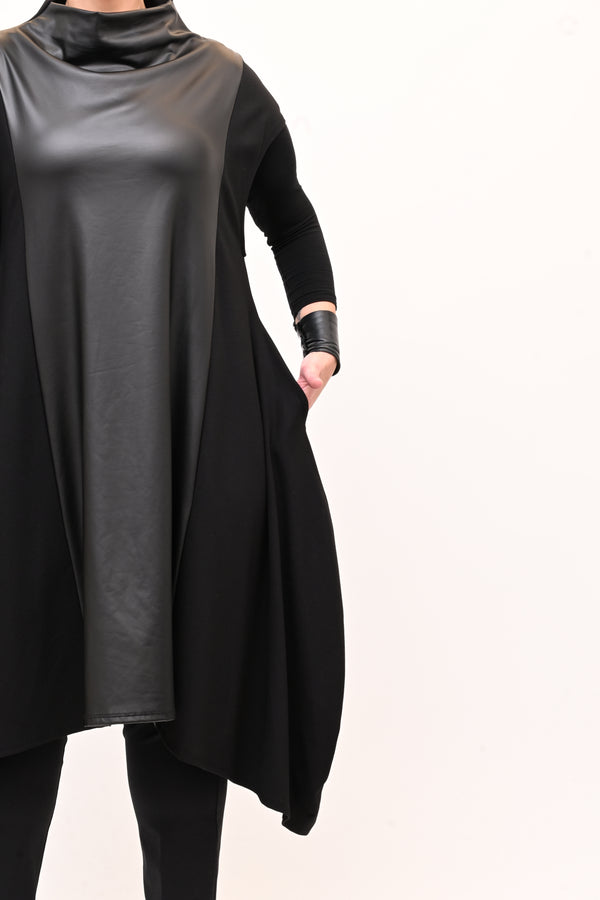 Abito svasato inserti pelle - Nero