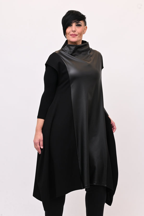 Abito svasato inserti pelle - Nero