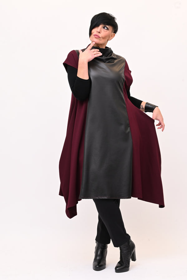 Abito svasato inserti pelle - Melanzana