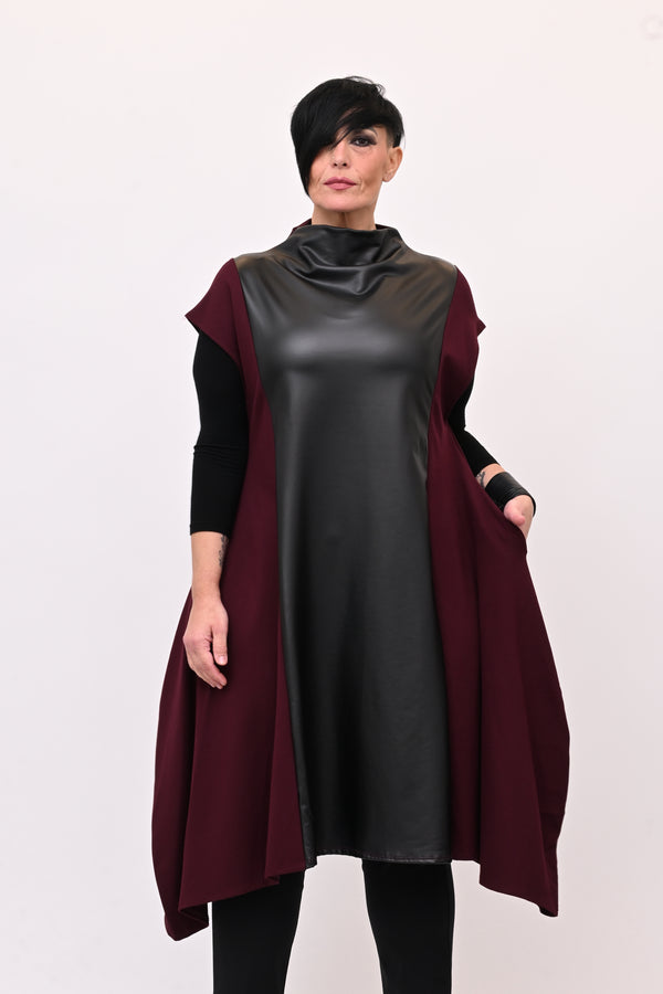 Abito svasato inserti pelle - Melanzana