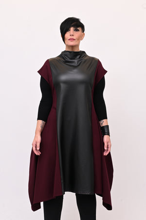 Abito svasato inserti pelle - Melanzana