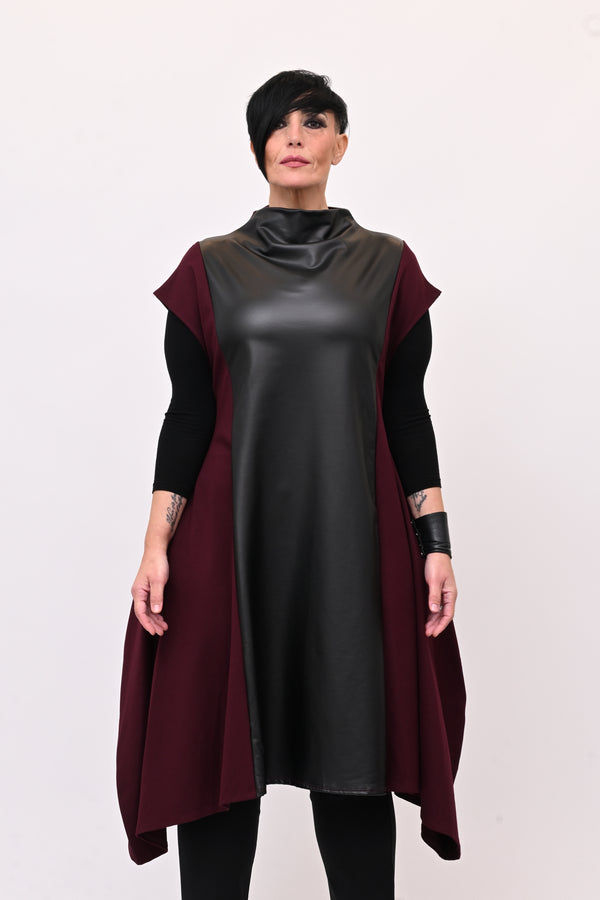 Abito svasato inserti pelle - Melanzana