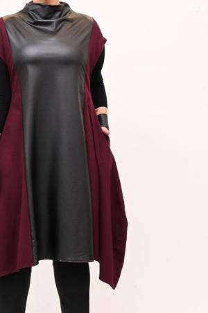 Abito svasato inserti pelle - Melanzana