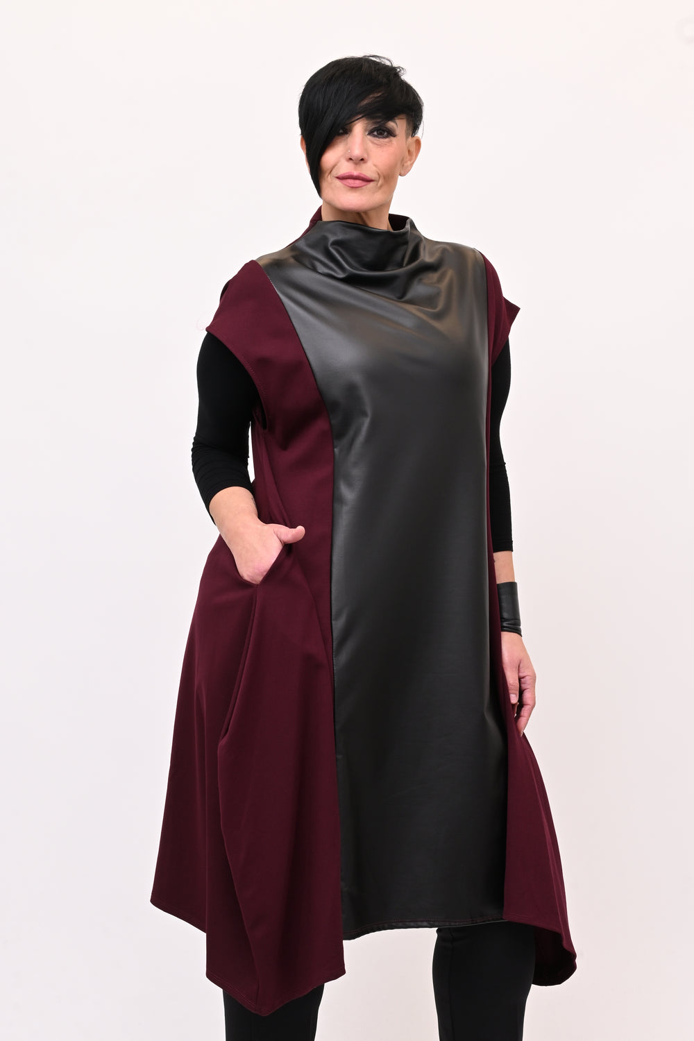 Abito svasato inserti pelle - Melanzana