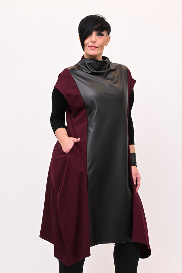 Abito svasato inserti pelle - Melanzana