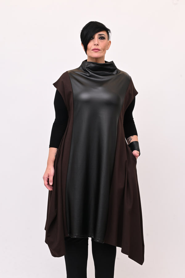 Abito svasato inserti pelle - Moro