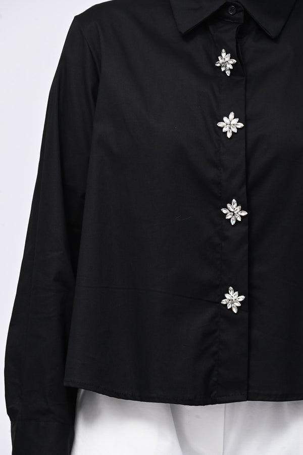 Camicia crop maxi strass - Nero