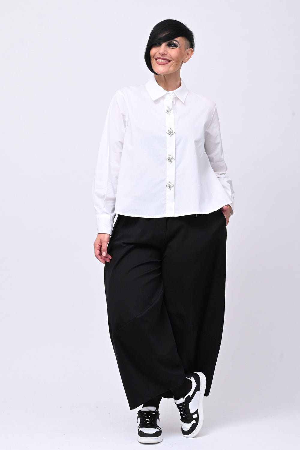 Camicia crop maxi strass - Bianco