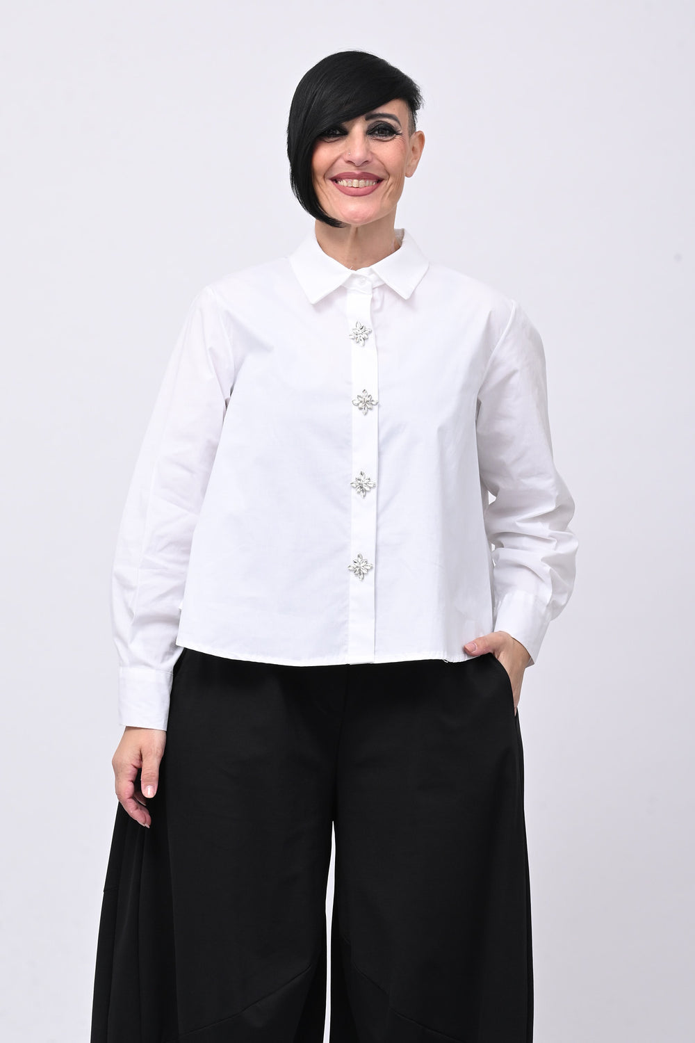 Camicia crop maxi strass - Bianco
