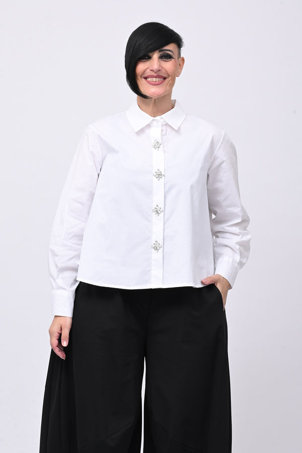 Camicia crop maxi strass - Bianco