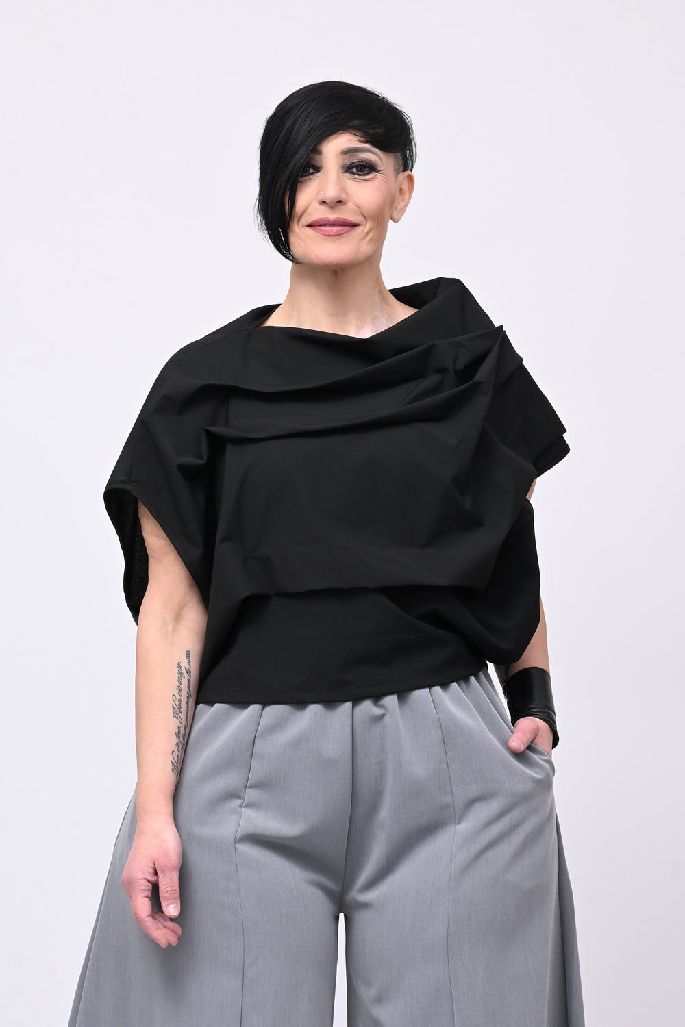 Blusa pieghe in twill - Nero