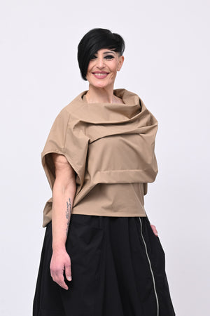 Blusa pieghe in twill - Biscotto