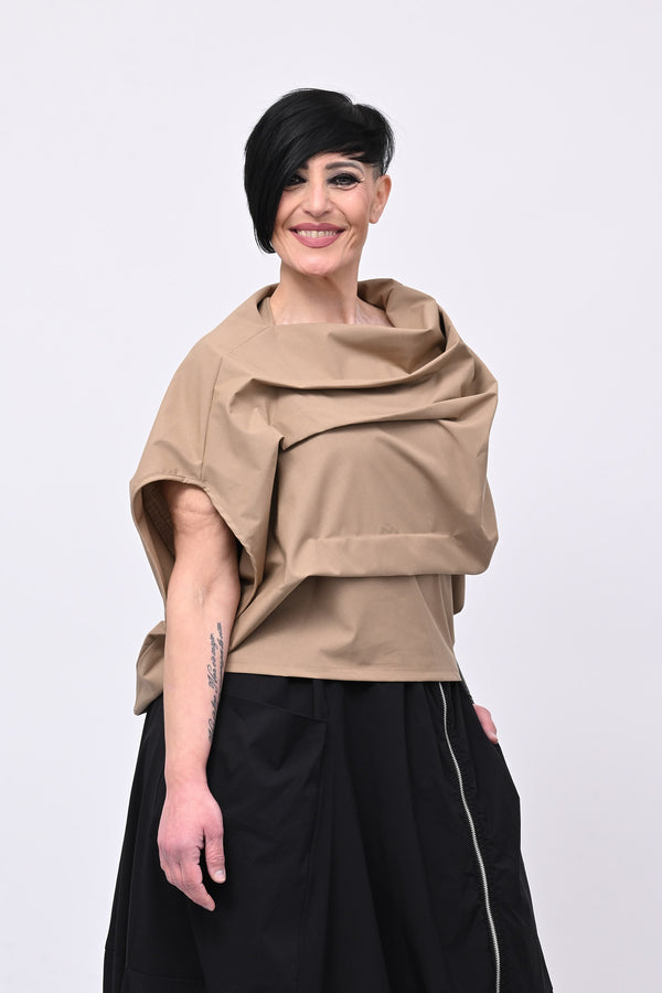Blusa pieghe in twill - Biscotto