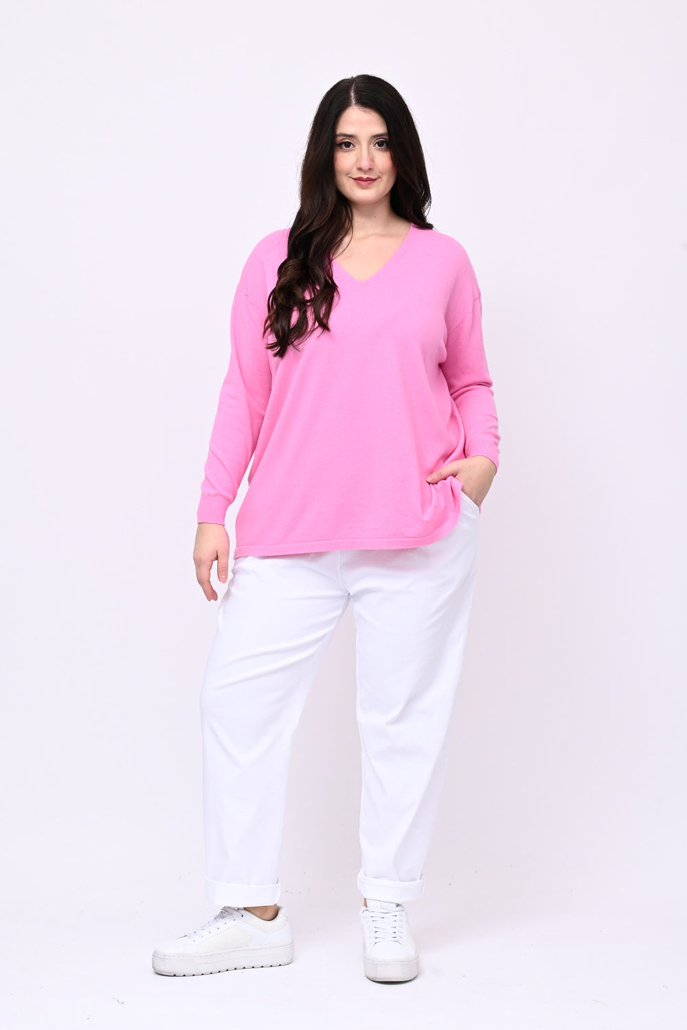 Maglia over viscosa V - Rosa baby