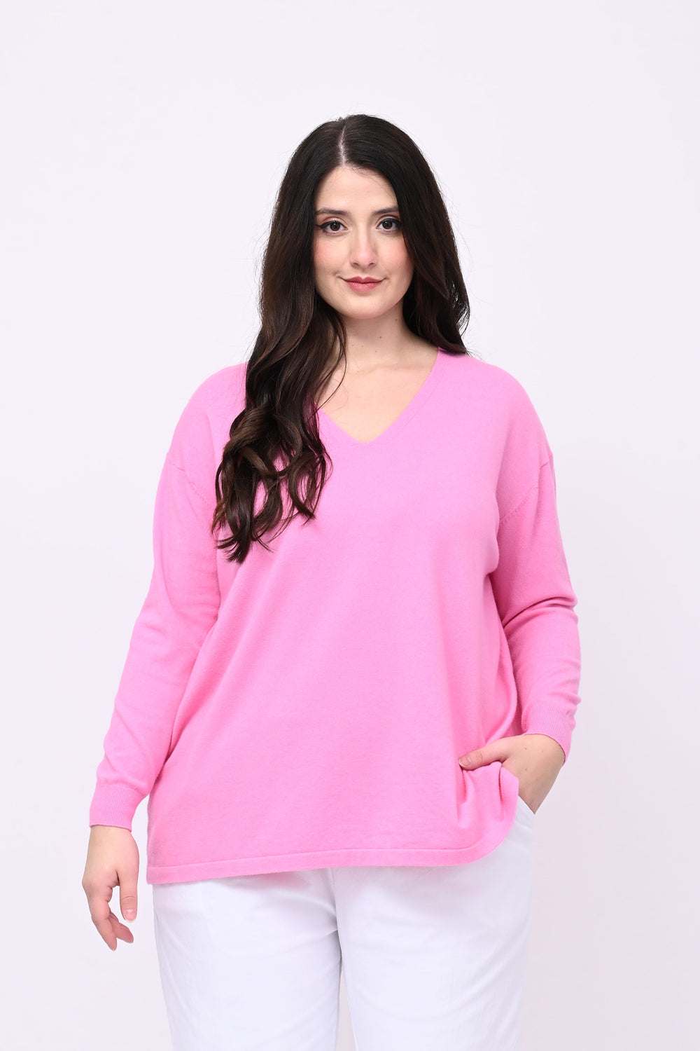 Maglia over viscosa V - Rosa baby