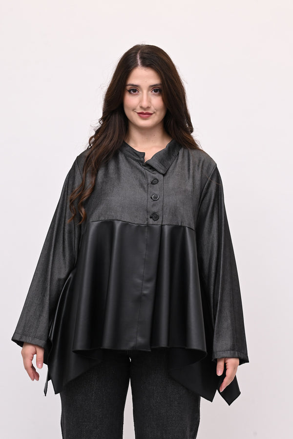 Camicia coreana ecopelle - Grigio