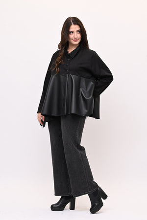 Camicia coreana ecopelle - Nero