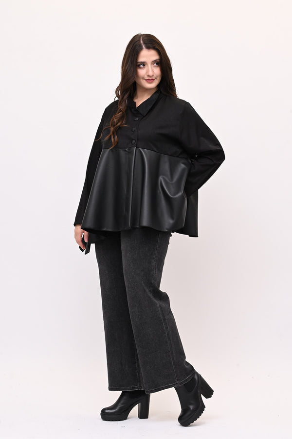 Camicia coreana ecopelle - Nero