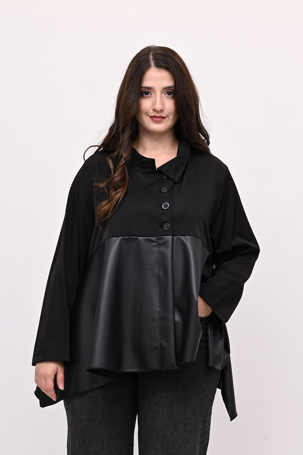 Camicia coreana ecopelle - Nero