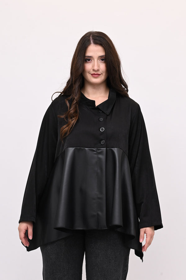 Camicia coreana ecopelle - Nero