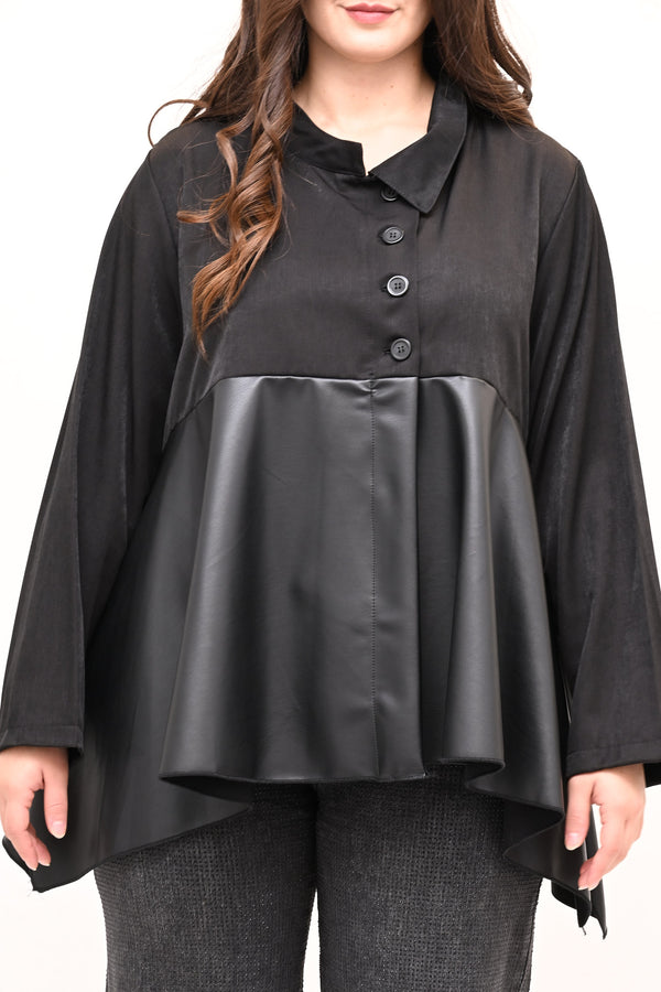 Camicia coreana ecopelle - Nero