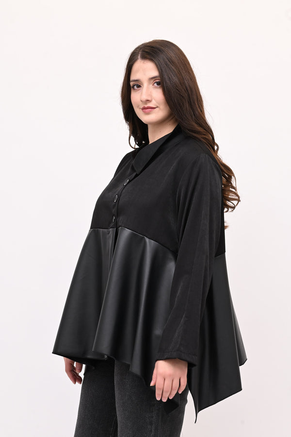 Camicia coreana ecopelle - Nero