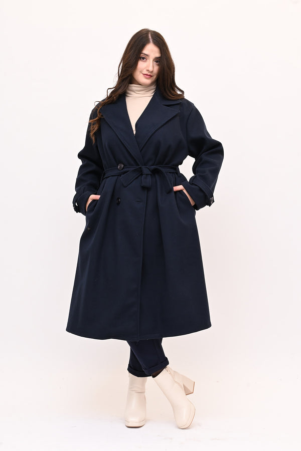 Cappotto doppio petto cinta - Blu