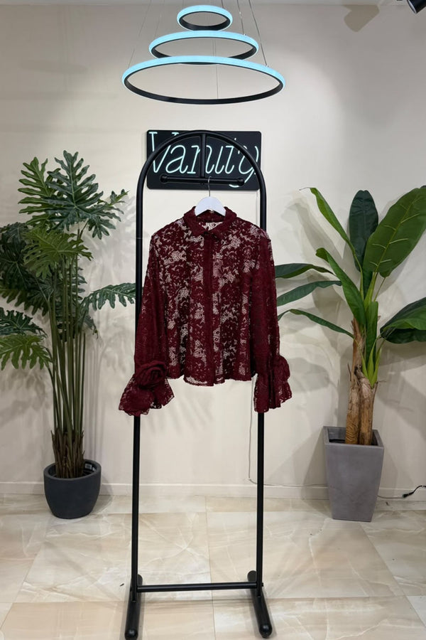 Camicia fiore manica pizzo - Vino