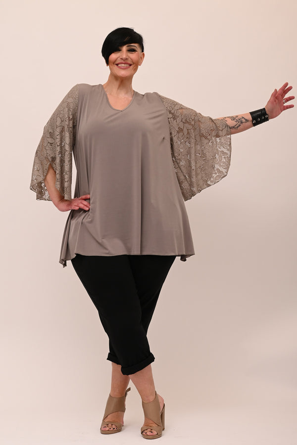 Maglia V manica pizzo petalo - Fango