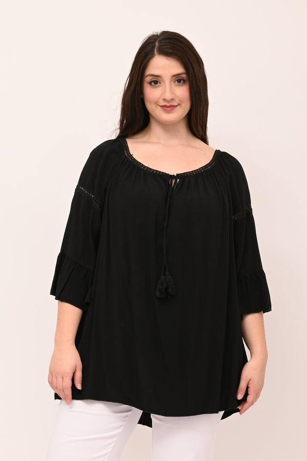Blusa manica rouches - Nero