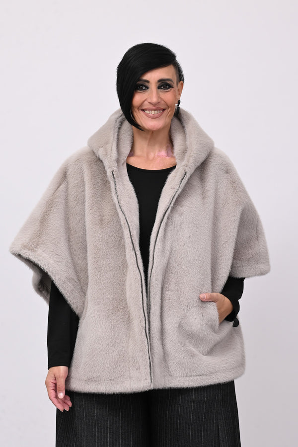 Cappa ecopelliccia zip - Grigio perla