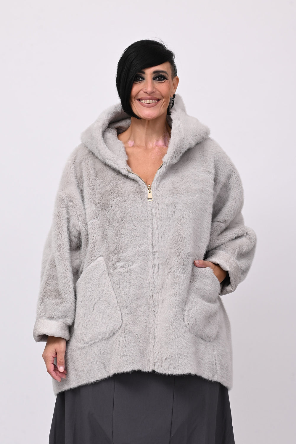 Eco pelliccia double face cappuccio - Grigio perla