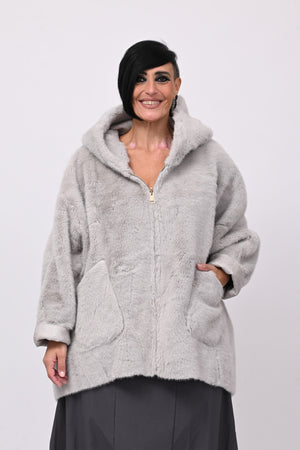 Eco pelliccia double face cappuccio - Grigio perla