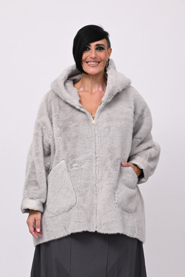 Eco pelliccia double face cappuccio - Grigio perla