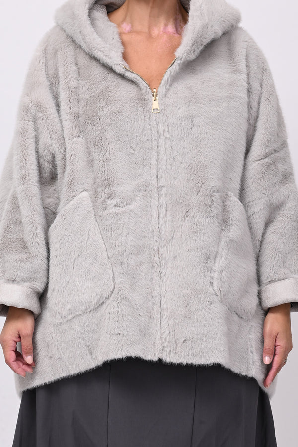 Eco pelliccia double face cappuccio - Grigio perla