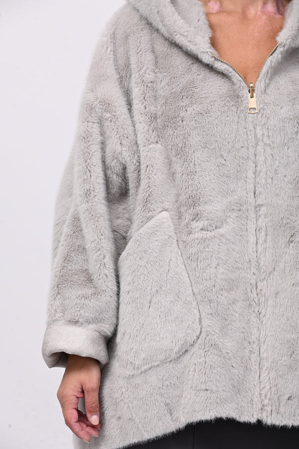 Eco pelliccia double face cappuccio - Grigio perla