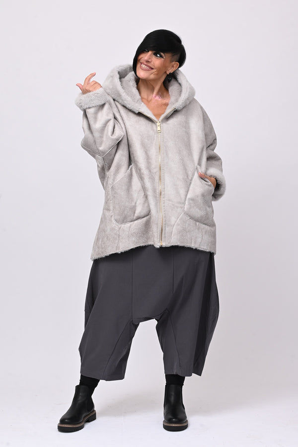 Eco pelliccia double face cappuccio - Grigio perla