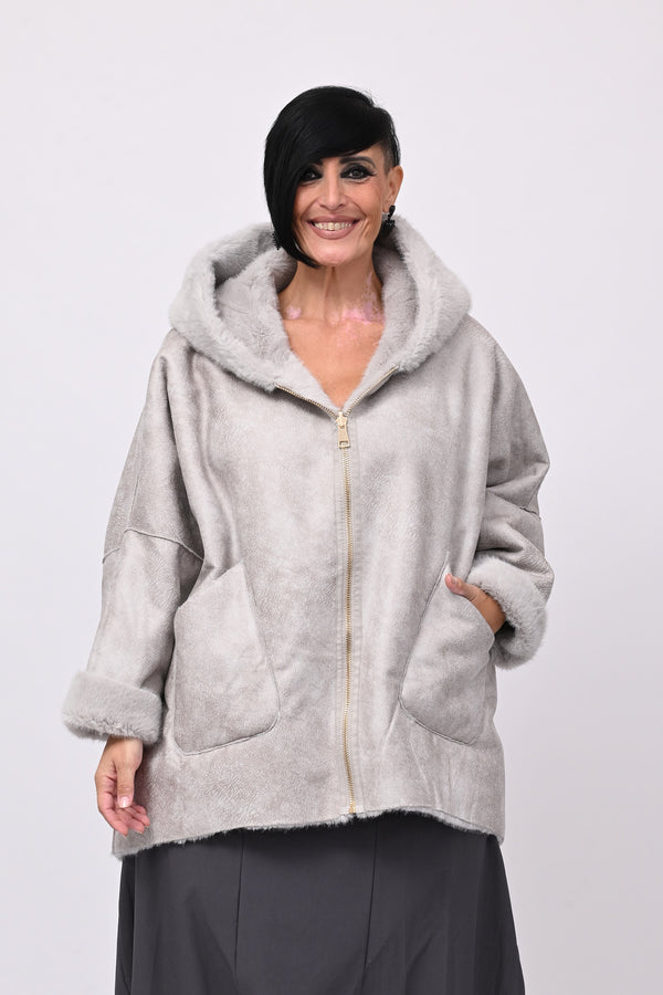 Eco pelliccia double face cappuccio - Grigio perla
