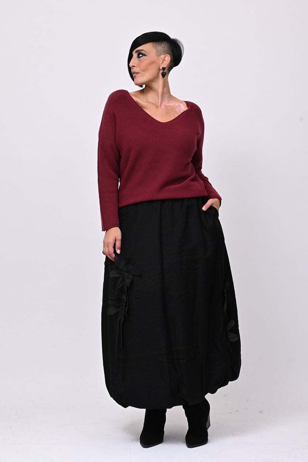 Gonna Shantung fiori - Nero